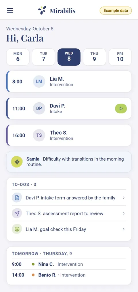 Mirabilis day view: the therapist’s schedule, pending tasks and a suggestion from the assistant.