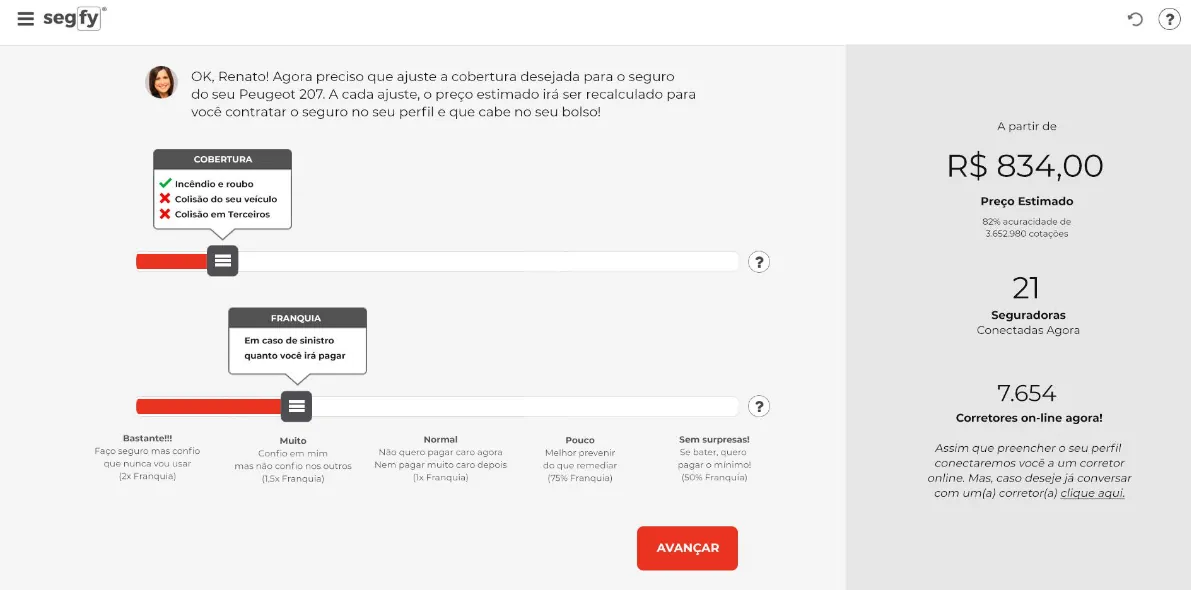 Segfy quote screen, in Portuguese: sliders for coverage and deductible, an estimated price of R$834, and 21 insurers connected.